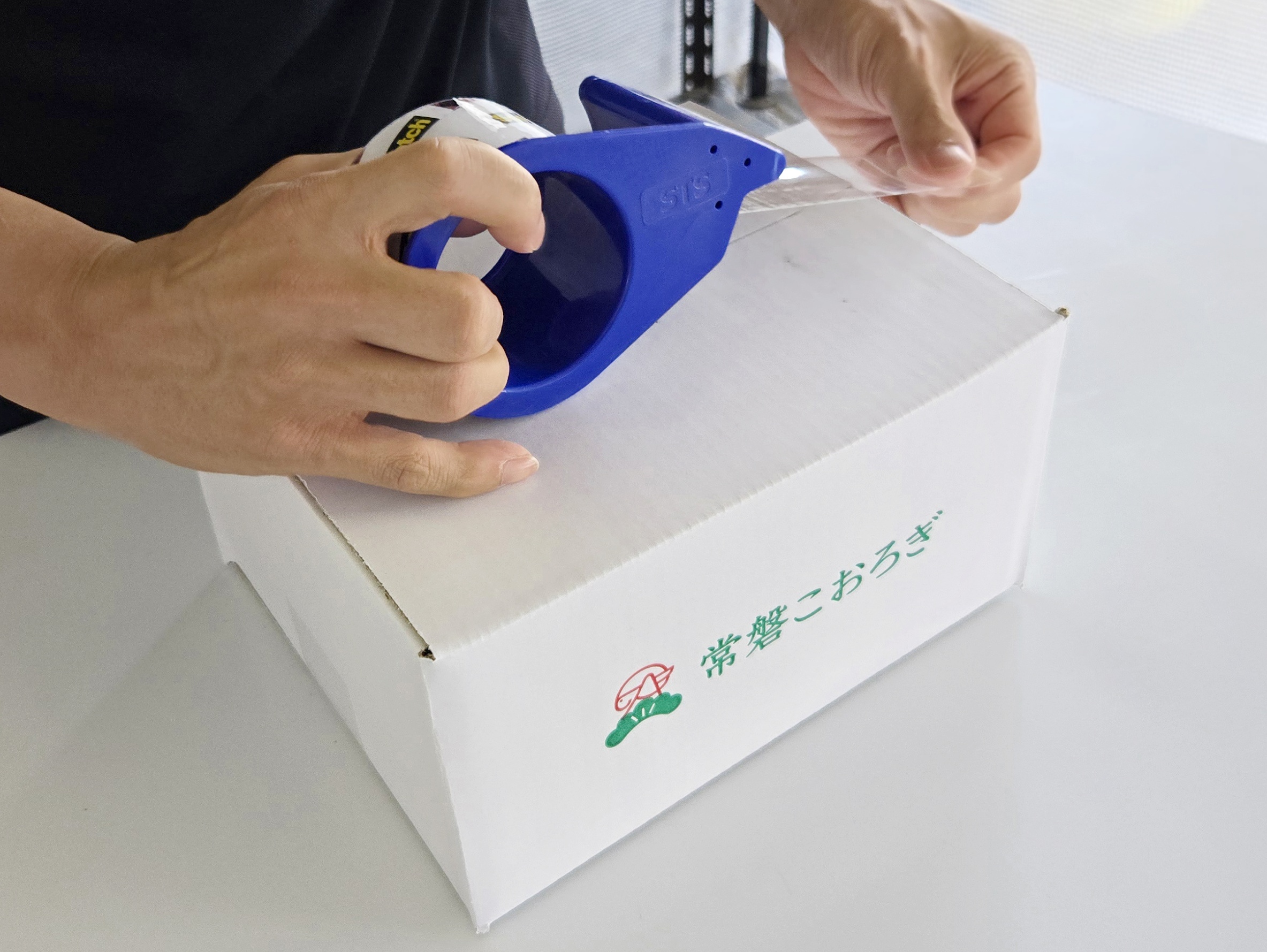 ロゴ入りの箱で梱包した荷物